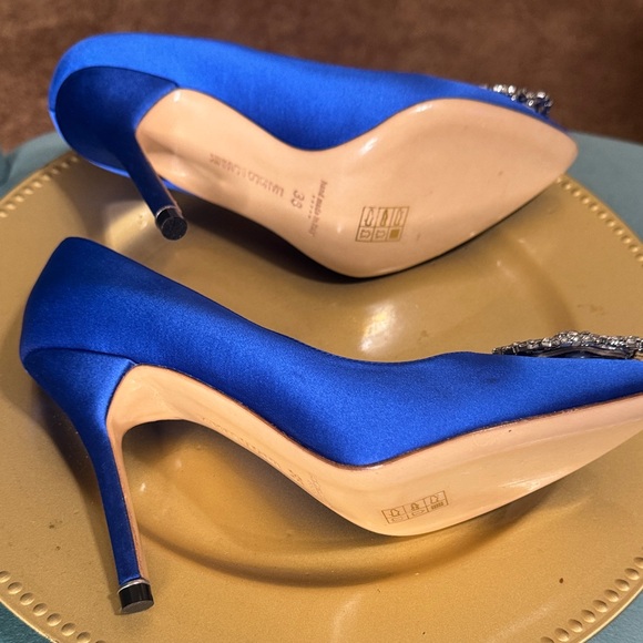 Manolo Blahnik Royal Blue Satin Heels with Crystal Embellishment - Picture 5 of 16